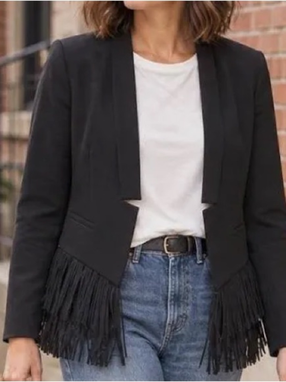 Banana Republic Wool, lined Black Chiffon Fringe Hem Blazer size 14